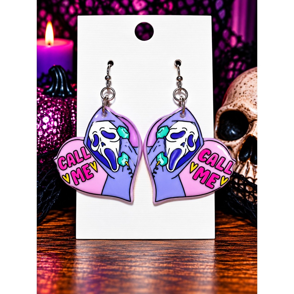 Scream Ghostface Call Me Earrings Pink Heart Halloween Horror Movie Dangles